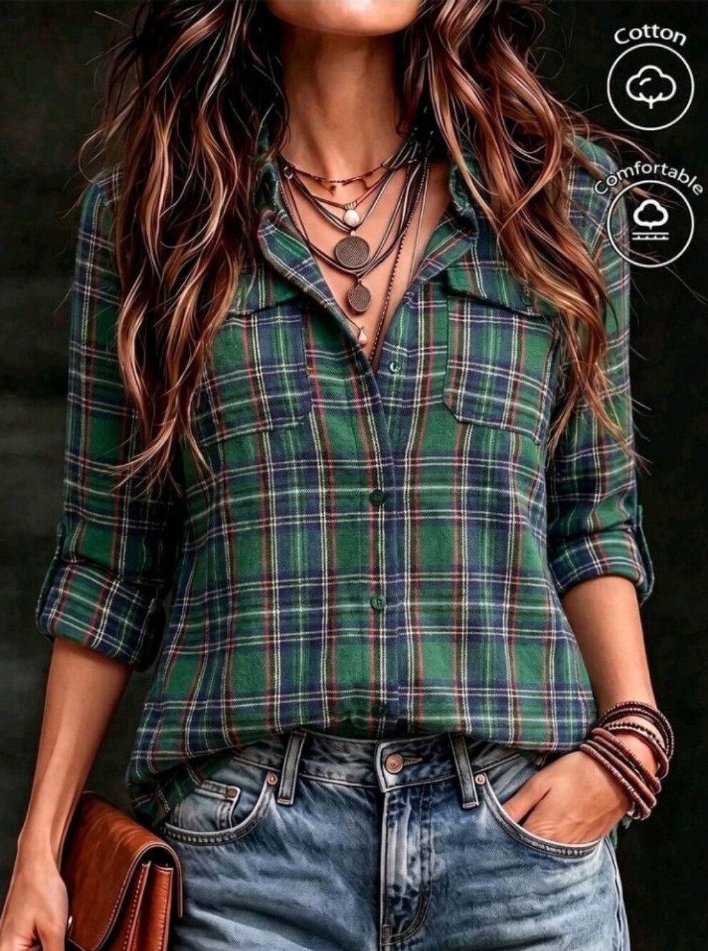 Women's Flannel Plaid Pocket Long Sleeve Comfortable Cotton Blend Shirt, Casual